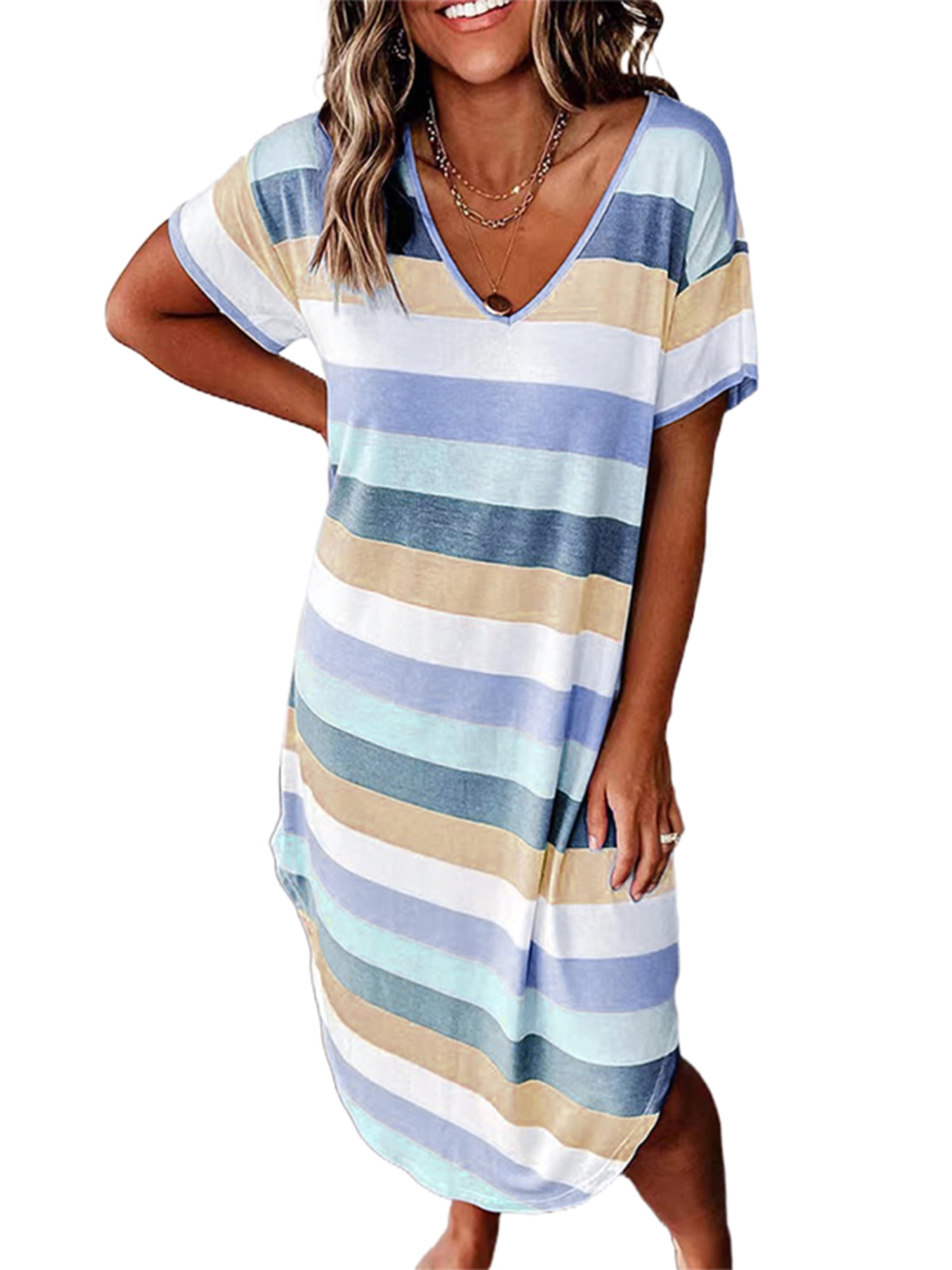 LUXUR Nuisette pour Femmes Chemise de Nuit Rayée Robe de Nuit à Col en V Tenue de Nuit Décontractée Robes T-Shirt à Manches Courtes Bleu Foncé L