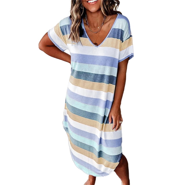 LUXUR Nuisette pour Femmes Chemise de Nuit Rayée Robe de Nuit à Col en V Tenue de Nuit Décontractée Robes T-Shirt à Manches Courtes Bleu Foncé 2TG
