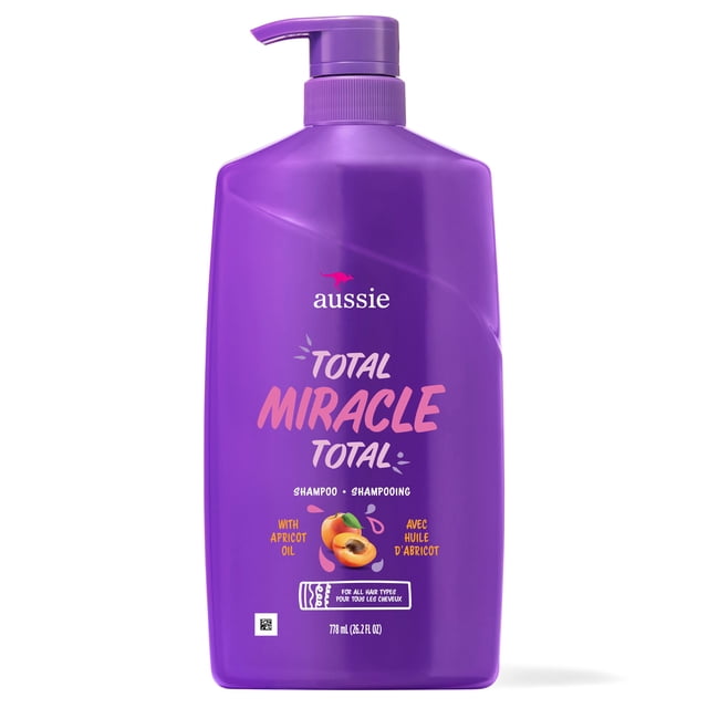 Aussie Total Miracle with Apricot & Macadamia Oil, Paraben Free Shampoo in a purple pump bottle featuring apricot fruit illustration, designed for damaged hair with 7 benefits including strengthening, moisture, split-end protection, and shine, suitable for all hair types, 778 ml (26.2 fl oz).