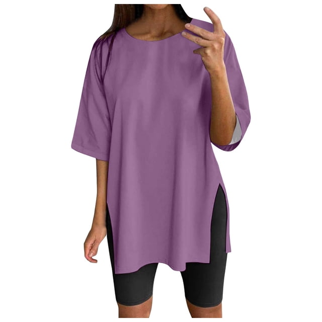 WEIYLL Womens T Shirts Oversize Sports Summer Solid Tunic Loose With Slits Purple Tops Sizes XL