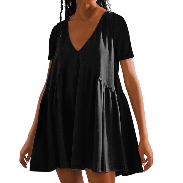Robes d'Été Grande Taille pour Femmes 2024 Couleur Unie Robe à Manches Courtes Économisez jusqu'à 65 % de Rabais!