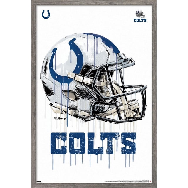 NFL Indianapolis Colts - Affiche Murale « Drip Helmet 20 », 22,375 Po x 34 Po Présentant un Casque de football Blanc Orienté vers l'Avant avec un logo de Fer à Cheval Bleu Qui Goutte et un Masque Facial Noir, Texte « Colts » Bleu Vieilli en Dessous sur Fond Blanc Encadré en Bois Clair, Idéal pour une Déco Murale à Thème Sportif.