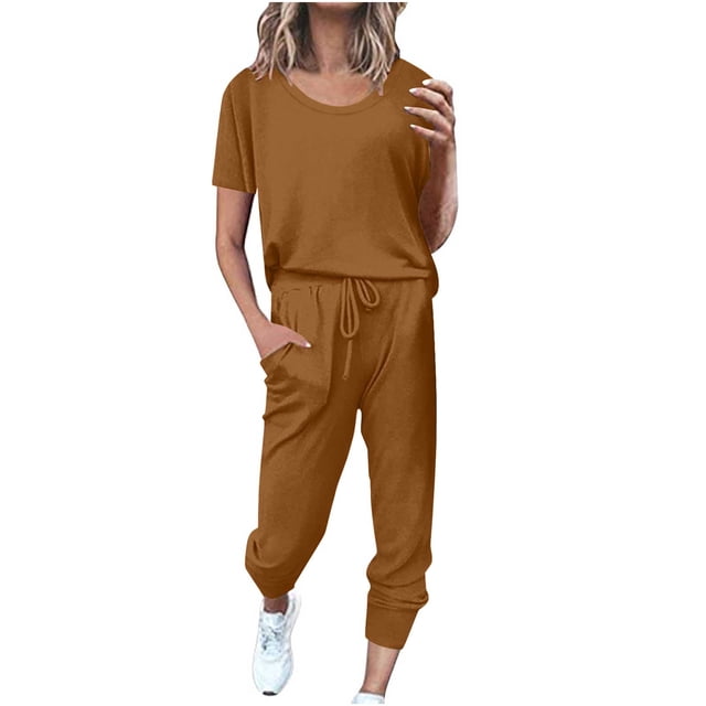 Yuyuzo Womens Workout Sets 2 Piece Short Sleeve Crew Neck T-Shirts Drawstring Jogger Pants with Pockets