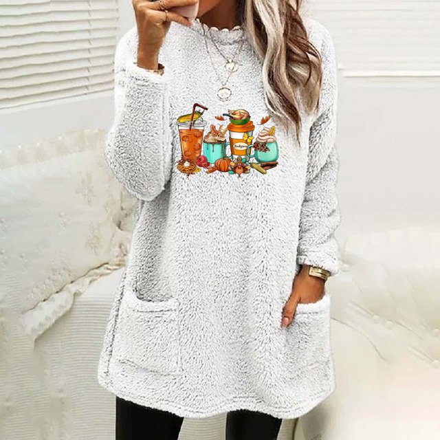 Hauts pour Femmes, Blouse à Manches Longues, Col Rond, Ample, Imprimée, avec Poche, Chaude, en Liquidation