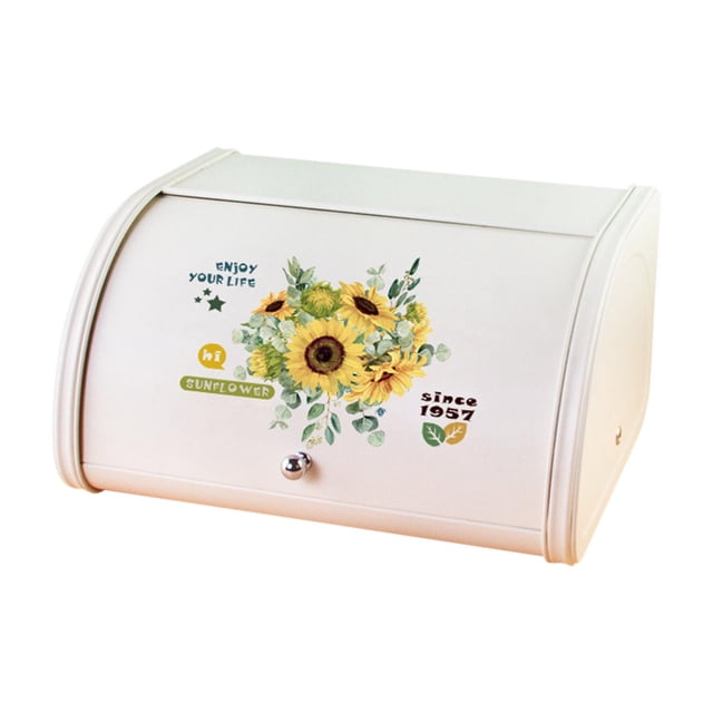 Rolltop Bread Box Iron Bread Box with large capacity measuring 12.40''x10.04''x6.69''. Features a smooth rolling lid and sunflower design on the front. Made of durable iron, ideal for food storage on kitchen counters or multipurpose use.