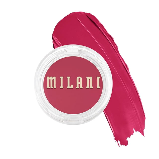 Milani Cheek Kiss Cream Blush in a clear round container with deep pink cream formula and a smooth swatch of buildable cream blush beside it on white background, suitable for cheeks and lips.