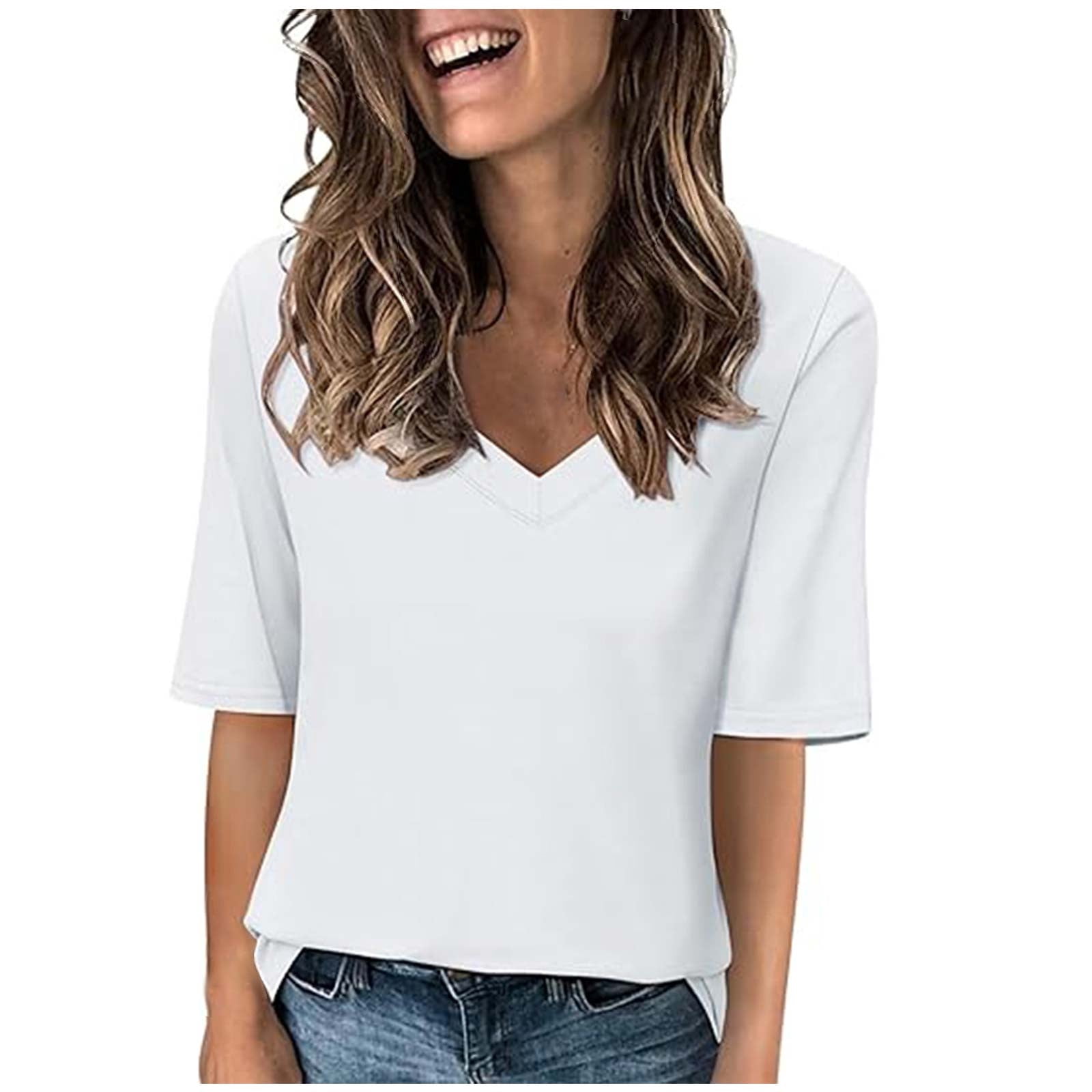 Timegard Womens Tops V-Neck 1/2 Sleeve Solid Color Basic Tee Shirts Comfy Blouse Casual Tunic Tops