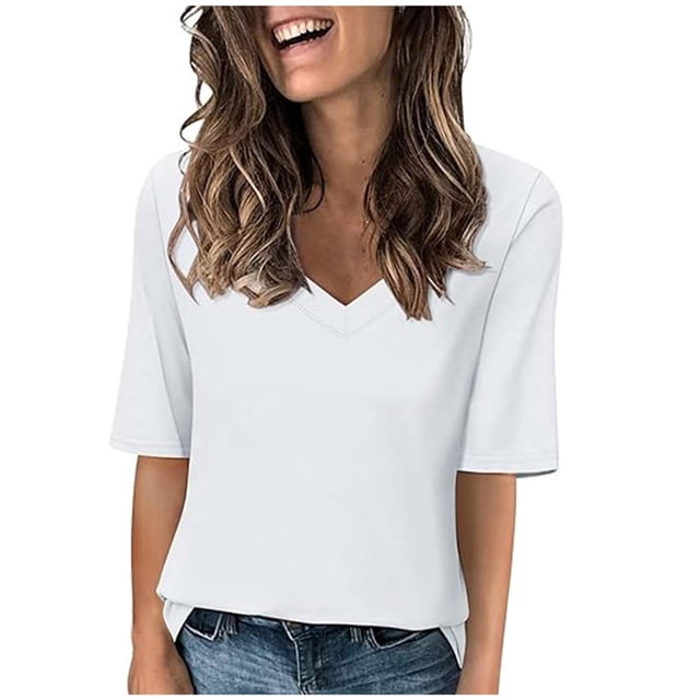Timegard Womens Tops V-Neck 1/2 Sleeve Solid Color Basic Tee Shirts Comfy Blouse Casual Tunic Tops