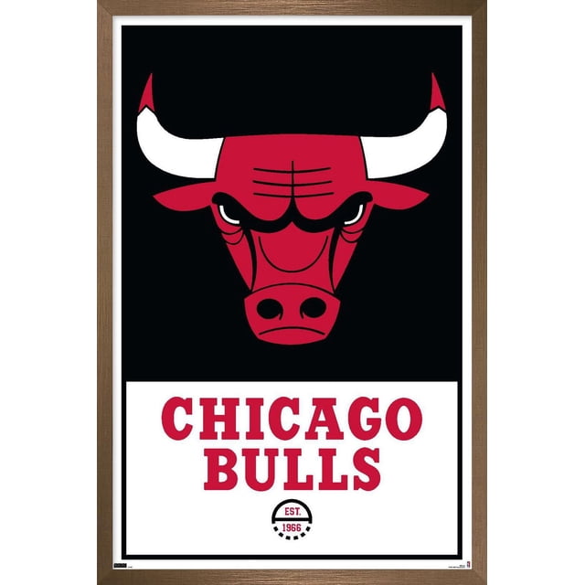 NBA Chicago Bulls - Logo 21 Wall Poster, 22.375" x 34" framed with a centered red bull head logo featuring white horns on a black background above red 'CHICAGO BULLS' text and a circular 'EST. 1966' emblem on a white panel, suitable for home décor, offices, dorms, and sports-themed party decoration.