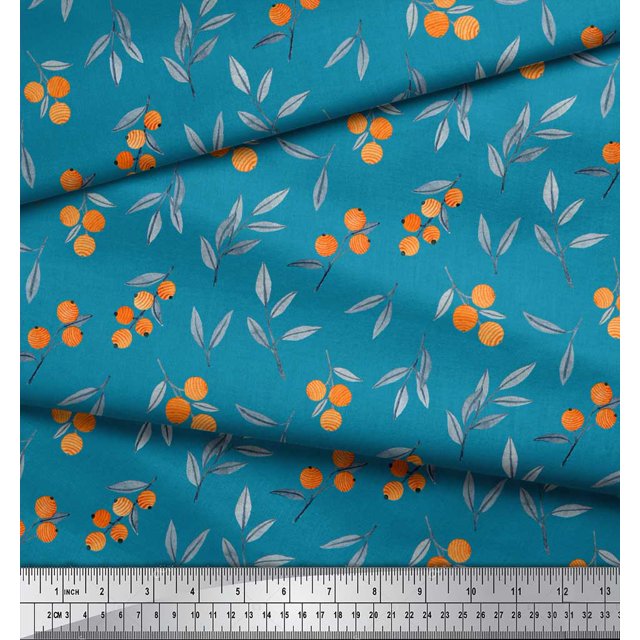 Soimoi Tissu en Poly Georgette Bleu Imprimé Baies Feuilles 1 Yard 52 Pouces de Large