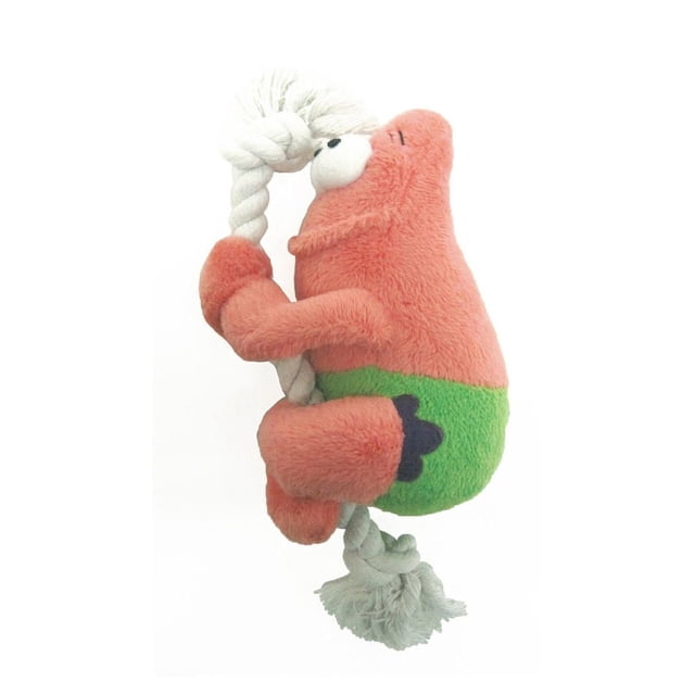 Penn-Plax Penn Plax Spongebob Patrick Plush And Rope Dog Toy showing a side view of plush Patrick starfish in green shorts with purple flower patterns, holding a twisted white rope with knotted ends, designed for durable chewing and tug of war play.