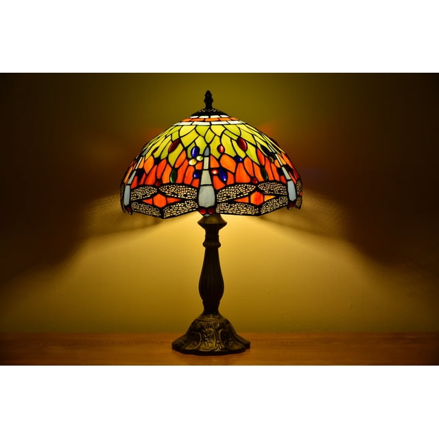 Tiffany Style Dragonfly Table Lamp Bedside Desk LED Lamp Living Room Stained-Glass 18.1'' Height Multi-color