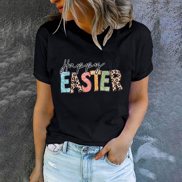 EGNMCR Chandail de Pâques à Manches Courtes pour Femmes, Imprimé de Pâques, T-shirt à Col Rond pour Femmes, Mode, Confortable, Haut pour Femmes, Haut/chemise à Manches Courtes à Col Rond, T-Shirts pour Femmes
