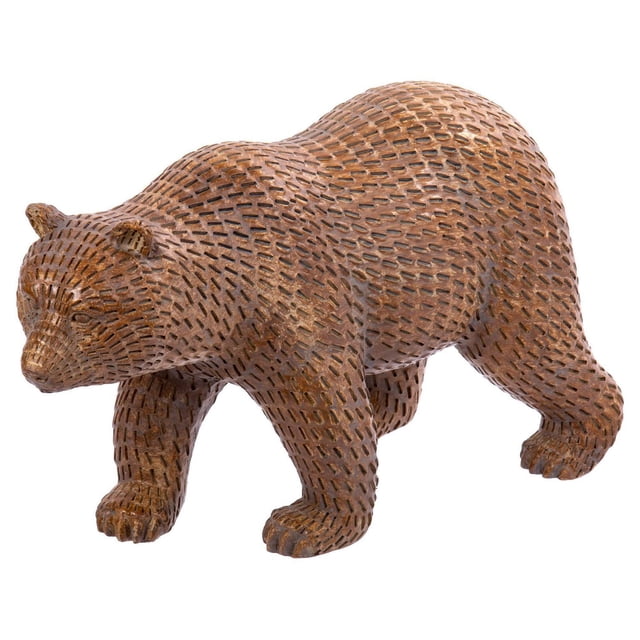 Truu Design Sculpture d'Ours Décoratif Marchant en Polyrésine Aspect Bois Montrant un Ours Brun en Polyrésine avec une texture Semblable au Bois Sculpté, une Finition Mate et des Pattes et un Nez Plaqués or, Mesurant 11"L x 7.5"H x 5"W, Convient à une Déco Maison Rustique Ou Inspirée de la Nature.