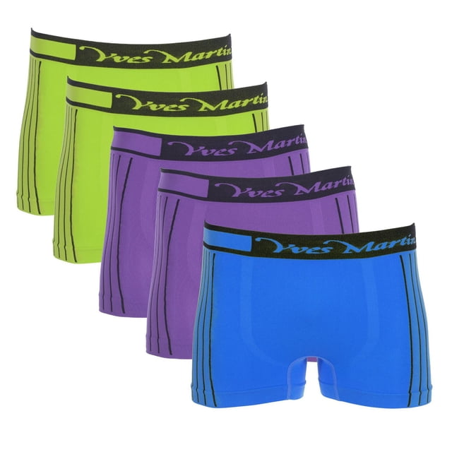 Yves Martin Men's Seamless Stripe Trunks pack of five featuring fitted trunks in lime green, purple, and blue with black vertical stripes and branded black waistbands, designed for seamless comfort and style in men's underpants, also suitable for activewear layering.