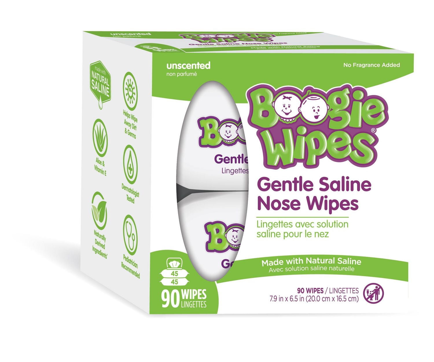 Boogie Wipes Gentle Saline Nose Wipes for stuffy noses - Unscented, 90 Count