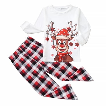 Pyjamas de Noël Assortis pour Famille de 3, Enfants de Noël, Haut à Manches Longues à Carreaux avec Imprimé de Cerf + Pantalon, Ensemble de Pyjamas Assortis pour la Famille