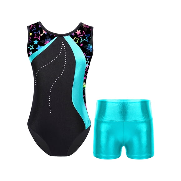 zdhoor Kids Girls Sleeveless Gymnastics Leotards with Shorts 2 Pcs Dance Outfits Ballet Dance Biketard Lake Green 12