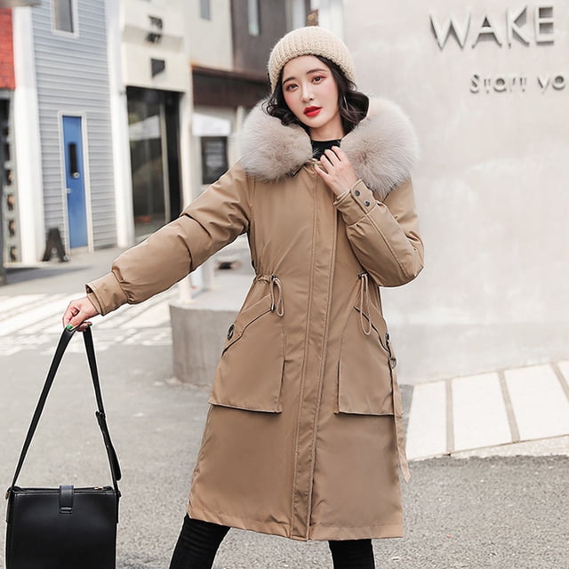 Ladies long down cotton winter warm jacket coat with detachable plush lining