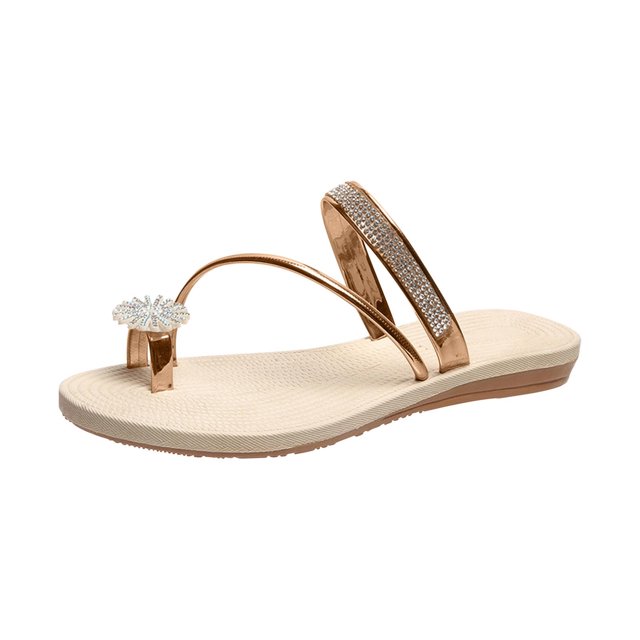 Pompotops Women Summer Clip-Toe Shoes Rhinestone Flats Casual Beach Sandals