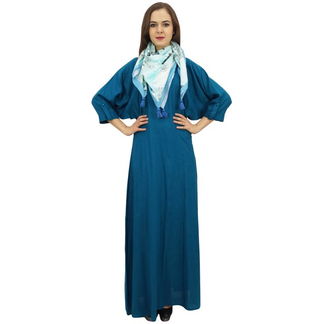 Bimba Robe Maxi pour Femme avec Pompon avec Foulard Boho Bleu Robes d'Été-4