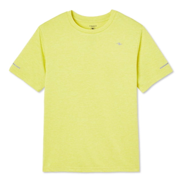 Athletic Works T-Shirt Technique à Manches Courtes pour Garçons en Jaune Vif avec Encolure Ras du Cou et Manches Courtes Présentant des Détails Réfléchissants sur les Manches et la Poitrine, Fabriqué à Partir de Tricot jersey en polyester 100 % Recyclé avec Technologie Qui Évacue Plus l'Humidité, Conçu pour les Vêtements d'Entraînement pour Garçons à Ourlet Droit, Convient à la Pratique Sportive Ou aux Cours de gym.
