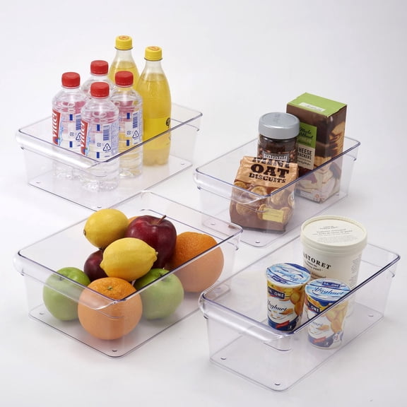 Mainstays 4PC Refrigerator Storage Bin Set, Clear Plastic Stackable Bins for Fridge Shelf or Basket Organization