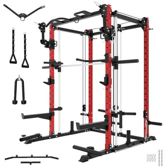 Eonfit E3 Smith Machine with 3D Rotating Arm for Home Gym Equipment, Multi-Function Power Cage Squat Rack with Cable Crossover LAT Pulldown Pulley System All in One (E3 RED PRO)