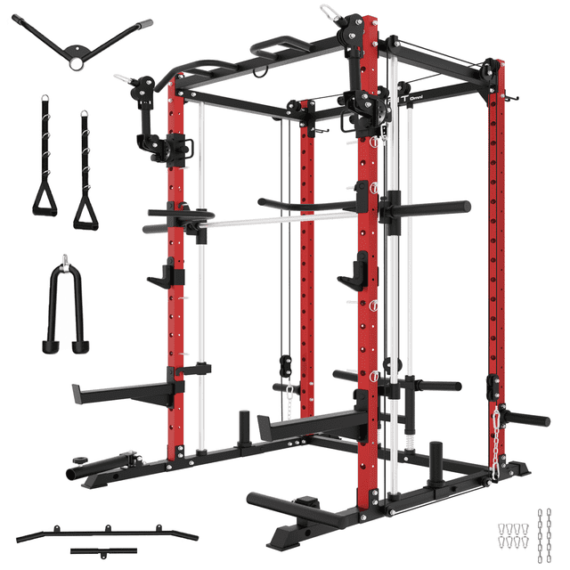 Eonfit E3 Smith Machine with 3D Rotating Arm for Home Gym Equipment, Multi-Function Power Cage Squat Rack with Cable Crossover LAT Pulldown Pulley System All in One (E3 RED PRO)