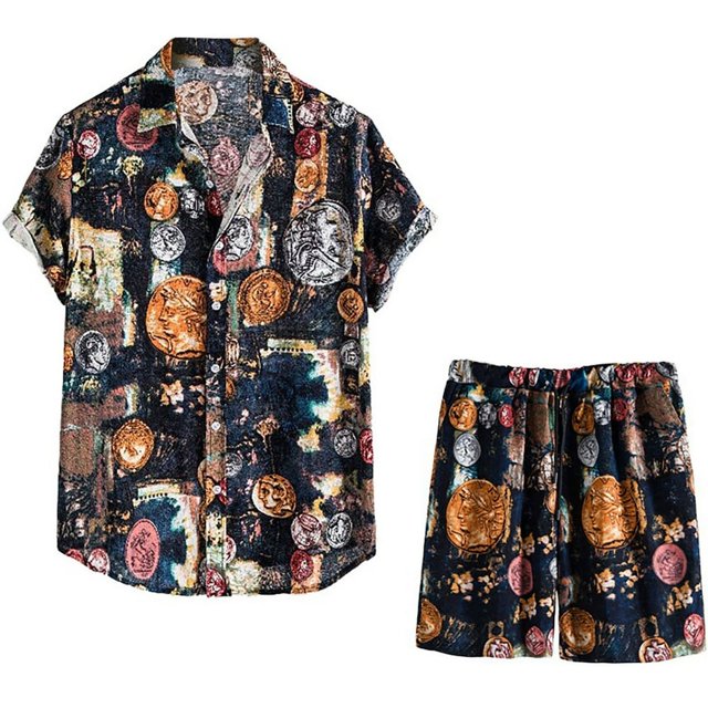 Men‘s Summer 2-Piece Beach Printed Short Sleeve Shirts & Shorts Pants Sets Note Please Buy One Or Two Sizes Larger