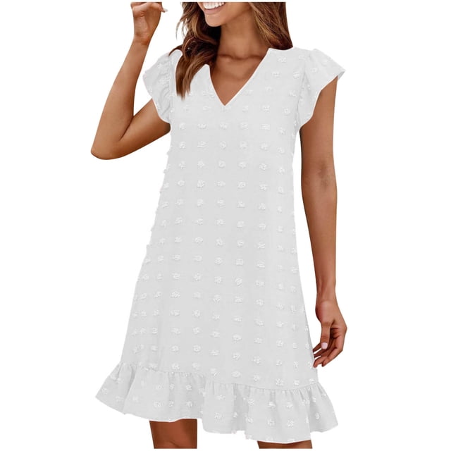 LOVZFMLL Robes d'Été pour Femmes 2025 Col en V Manches Courtes Volantées Ourlet à Volants Robe Smock Mini Décontractée Plage Vacances Vêtements pour Femmes Blanc TG
