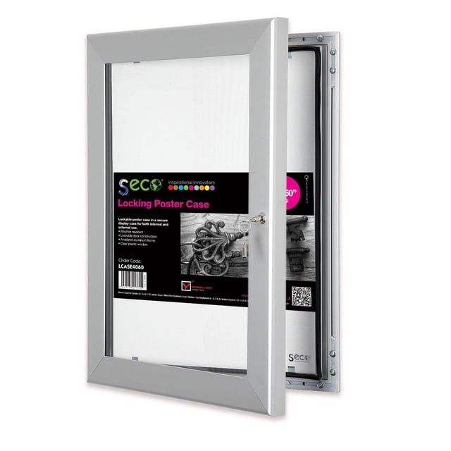 SECO Lockable Indoor/Outdoor Poster Frame Case, Silver, 40 x 60" with a silver satin aluminum rustproof frame and shatterproof polycarbonate window, shown partially open with a lock and two keys, designed for secure indoor or outdoor display of posters, notices, menus, or artwork.