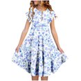 thumbnail image 1 of RXIRUCGD 2025 Vêtements d'Été pour Enfants Filles Robe Imprimée à Fleurs Manches Courtes Poches à Volants Col Rond pour Enfants, 1 of 5