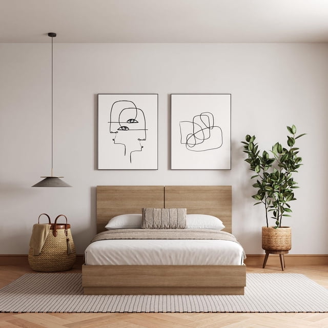 Nexera Milano Platform Bed with Headboard in a front view, featuring engineered wood construction with a smooth oak finish and natural grain. The minimalist platform bed includes an integrated headboard and center support system requiring no box spring. It is styled with white bedding and a beige textured pillow, set on a patterned rug in a neutral bedroom with abstract black line art above and a woven basket planter with a green plant on the right, ideal for a zen-inspired modern bedroom.