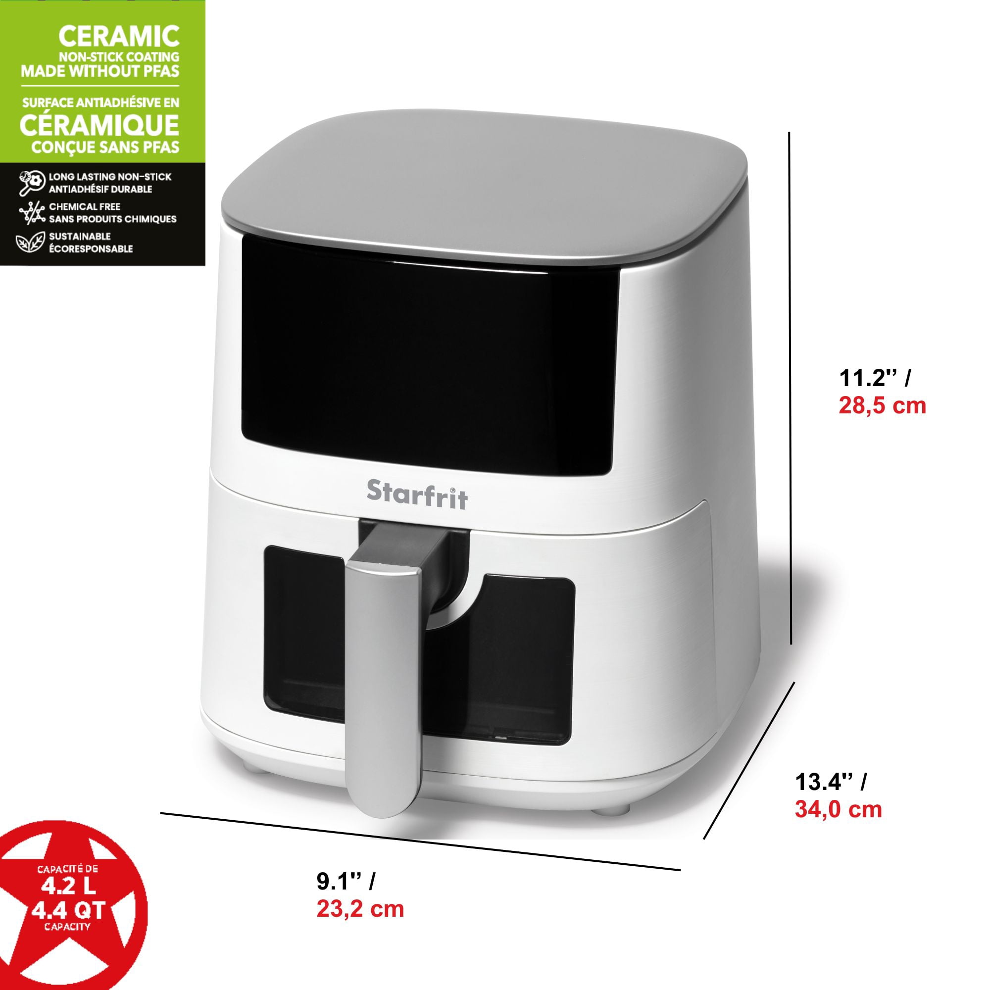 Starfrit Friteuse électrique numérique à air – Capacité de 4,2 L – Surface antiadhésive en céramique – 8 fonctions prédéfinies – Fenêtre de visualisation – 1400 W