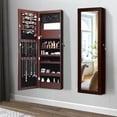 thumbnail image 1 of Gymax Wall Door Mounted Lockable Jewelry Cabinet with LED Lights and Protective Fabric Lining, Brown, 1 of 10