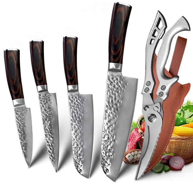 Kitchen Knife Set with Scissor,Stainless Steel Kitchen Shear and Professional Butcher Knife Hammered Non Stick Blade Cooking Tool