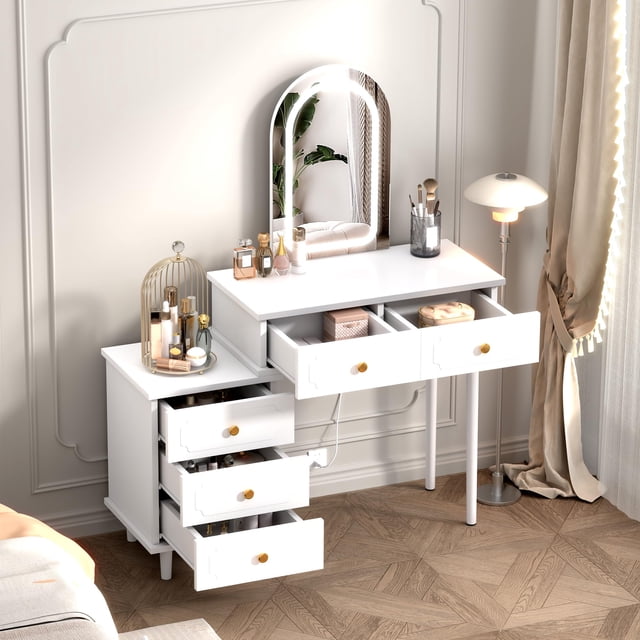 Coiffeuse avec Miroir et Lumières, Table de Maquillage Moderne avec 2 Tiroirs et Armoire Réglable à 3 Tiroirs, Coiffeuse en Bois et Commode Combinées pour Chambre