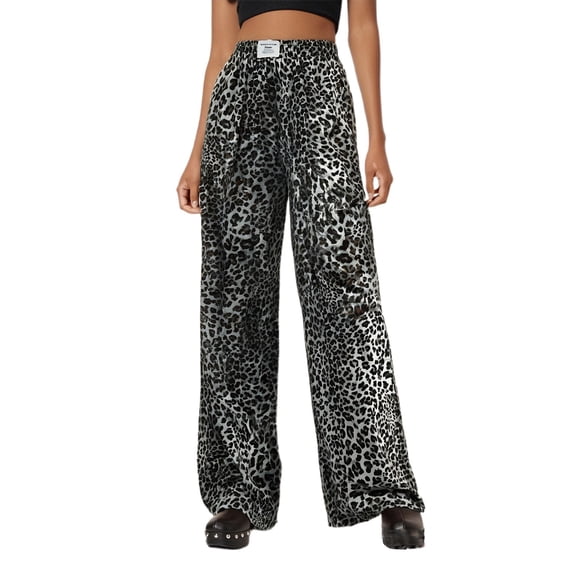 Women's Casual Pants High Waisted Flowy Pants With Leopard Print Wide Leg Comfortable Stretchy Elastic Waist For Travel Party Everyday Wear Spring Fall Womens Pants Casual Work High Waist Tan Dress