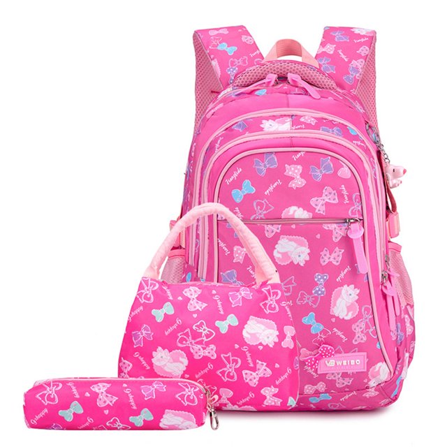Student Backpack Bow Print Waterproof Smooth Zipper Bookbag Handbag Pencil Bag for Primary School Students
