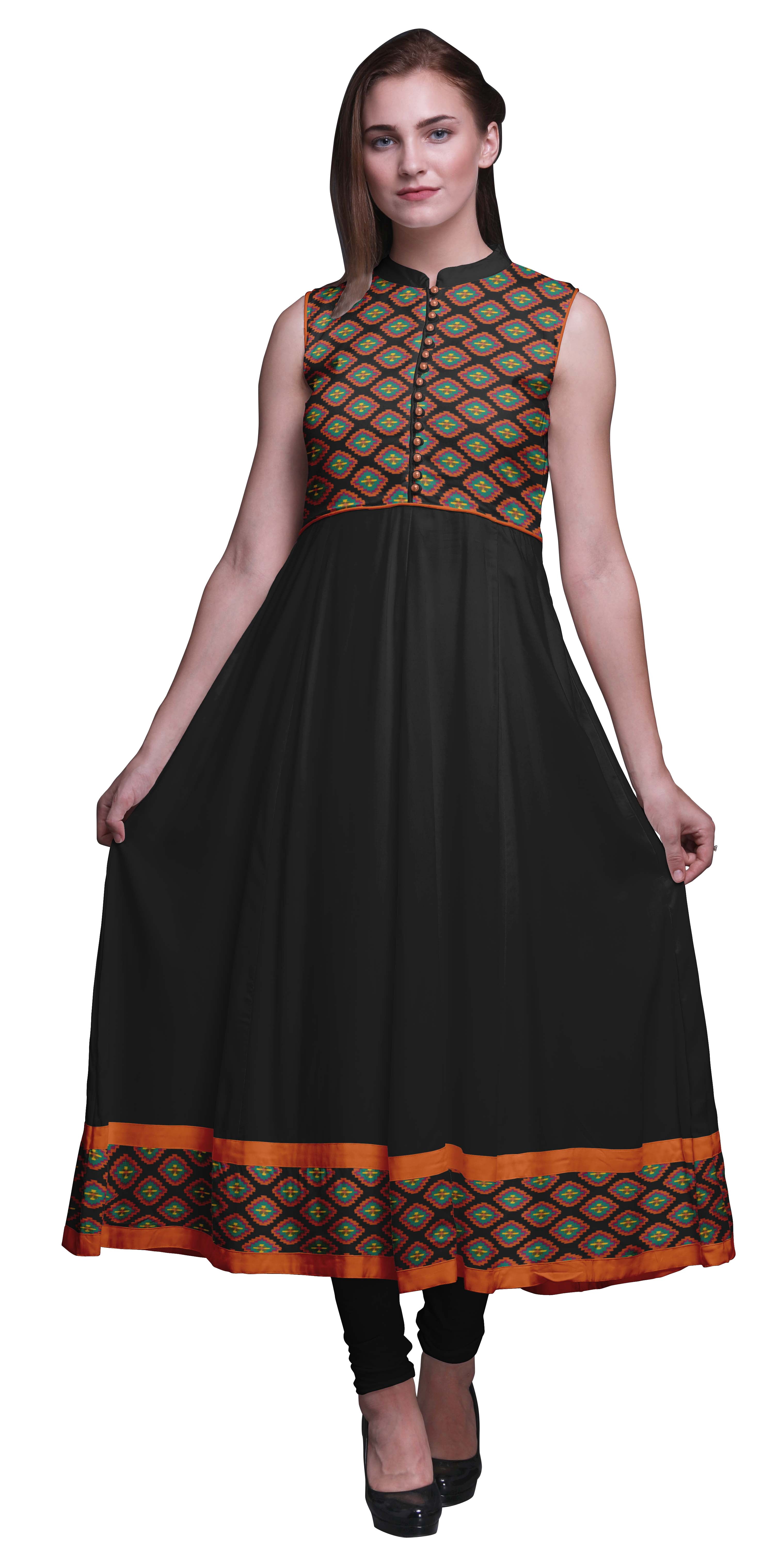 Bimba Black2 Ikat Kurtis Indiennes pour Femmes Anarkali Prête à Porter Unie Robe Imprimée Kurti Indienne XX-Grand