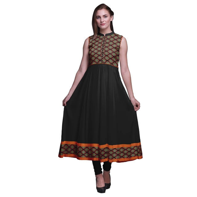 Bimba Black2 Ikat Anarkali Robe pour Femmes Kurti Imprimé Ethnique Indien Longue Kurta Robe de Soirée Petite