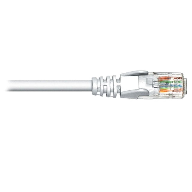 BlueDiamond Bobine de Câble UTP CAT6 Patch Gros Plan Montrant l'Extrémité de Câble Blanche Non Blindée à Paire Torsadée avec un Connecteur RJ45 transparent, avec 24 Conducteurs en Cuivre Massif AWG et Conception Conforme Cat 6 Idéale pour les Réseaux et la transmission de Données.