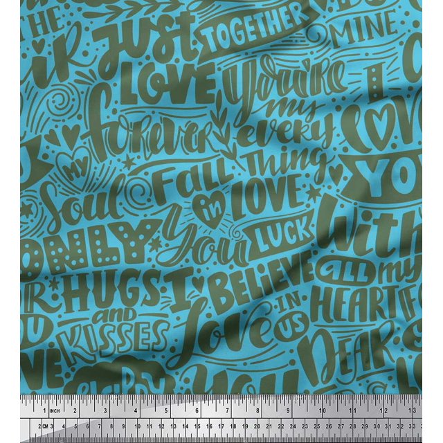 Soimoi Blue Velvet Fabric Just Love Forever Text Decor Fabric Printed Yard 58 Inch Wide