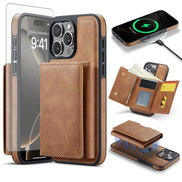 Asuwish Étui de Téléphone pour iPhone 16 Pro Max 6,9 Pouces Portefeuille Magnétique Détachable Couverture Cellulaire avec Recharge Sans Fil et Blocage RFID Porte-Cartes de Crédit Support à Rabat i Phone16p i16 16ProMax Femmes Hommes Brun