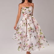 FcBaudy Camis Sleeveless V-Neck Dress,Summer Dresses for Women,Womens Dresses Strappy Strapless Chiffon Sleeveless Printed Botanical Floral Dress Women Dress