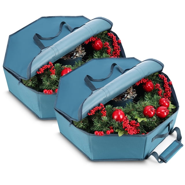 Hearth & Harbor Pack of 2 Wreath Storage Container - Hard Shell Christmas Wreath Storage Bag with Interior Pockets, Dual Zipper and Handles - 24" Premium Wreath Storage Organizer Box