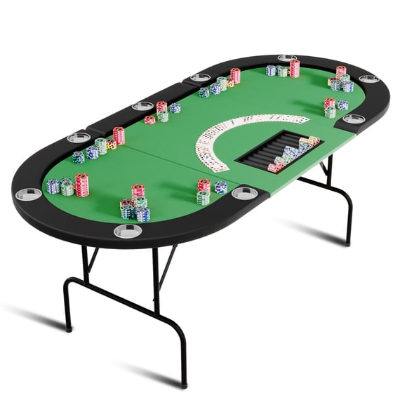 Towallmark Oval Poker Table for 9 Players w/ Stainless Steel Cup Holder, Blackjack Gaming Table with Water-Resistant Cushioned Rail, Green