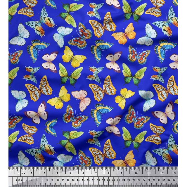 Soimoi Blue Cotton Duck Fabric Colorful Butterfly Printed Fabric 1 Yard 42 Inch Wide