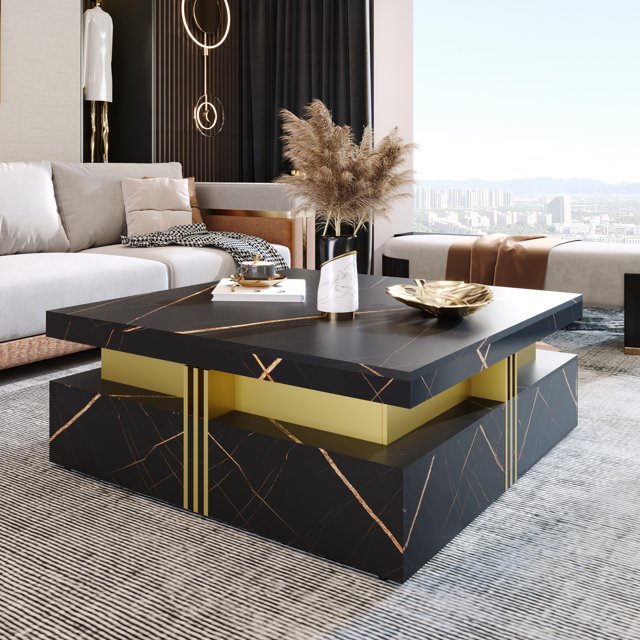 Noble House Table Basse Carrée Moderne de 43,3 Po avec Rangement et 4 Tiroirs, Noir